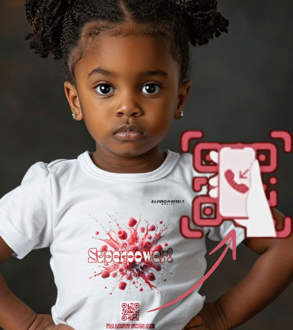 Cute kid wearing a QR Kids tshirt with a QR code that links to the telephone number of his parents. A Simple scan, a safe return. Scan, Call, Reunite … Your Child's Safety, Simplified