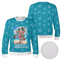 Santa’s Tropical Escape, links to an Augmented Reality view from Santa singing & dancing - (Unisex) Ugly Christmas Sweater with a Twist