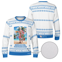 Santa’s Tropical Escape, links to an Augmented Reality view from Santa singing & dancing - (Unisex) Ugly Christmas Sweater with a Twist