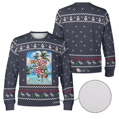 Santa’s Tropical Escape, links to an Augmented Reality view from Santa singing & dancing - (Unisex) Ugly Christmas Sweater with a Twist