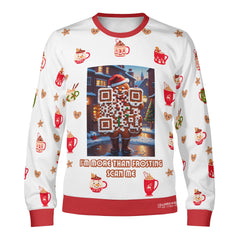 A white unisex sweater with a QR code design featuring a gingerbread man, Christmas presents, and festive patterns.