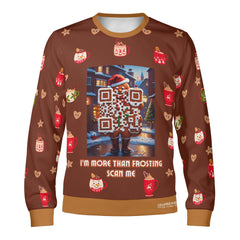 A brown sweater with a Christmas-themed design featuring a QR design of a gingerbread man, snowflakes, and festive patterns.