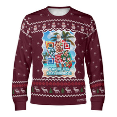 Maroon sweater with Christmas-themed QR design featuring Santa Claus and text 'Scan me for Masssurprises!'