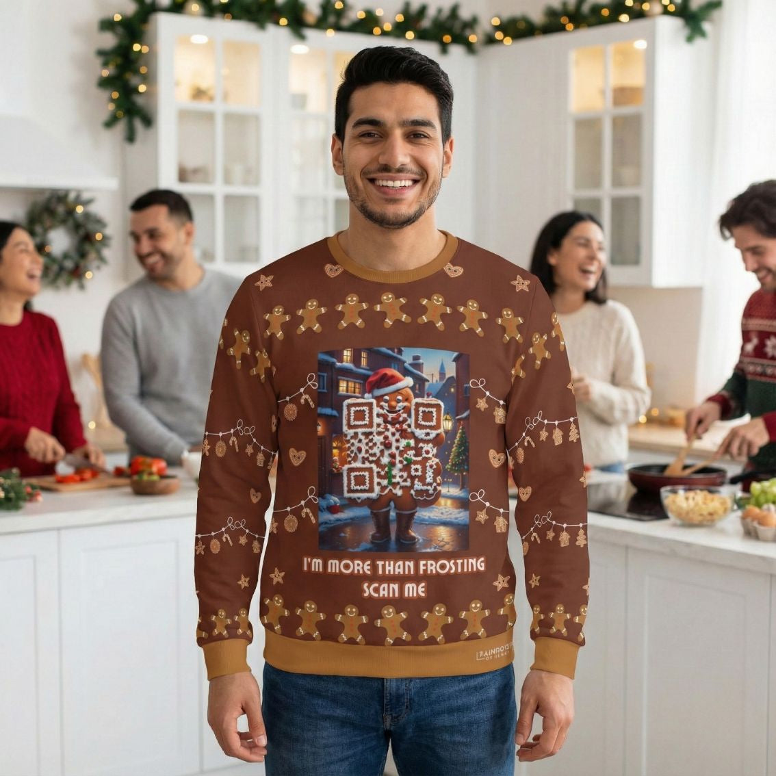 A man in a festive kitchen gathering wearing a brown Christmas sweater featuring a gingerbread character with integrated scannable QR code designs.