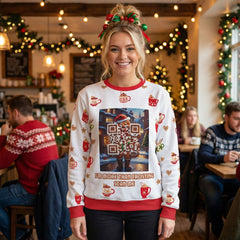 “A smiling woman in a festive café wearing a Christmas sweater featuring a gingerbread character with an integrated scannable QR design