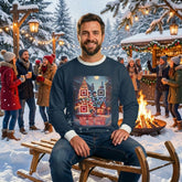 A man sitting at a winter market wearing a holiday sweater with a decorated Christmas tree containing scannable QR elements, surrounded by people enjoying the festive atmosphere.