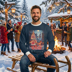 A man sitting at a winter market wearing a holiday sweater with a decorated Christmas tree containing scannable QR elements, surrounded by people enjoying the festive atmosphere.