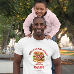 Dad in a white shirt with a burger QR code design and the slogan “Grill. Eat. Nap. Repeat. Scan Me, Awesome Dad,” posing with his daughter.
