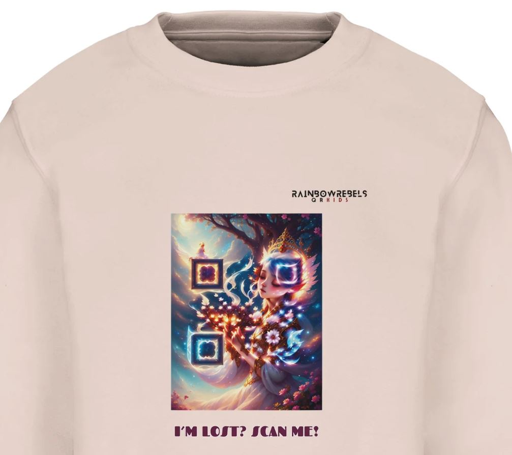 Beige Rainbow Rebels QR Kids sweatshirt with colorful artistic QR code design and the text ‘I’m lost? Scan me!’ on the front.