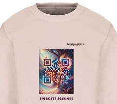 Beige Rainbow Rebels QR Kids sweatshirt with colorful artistic QR code design and the text ‘I’m lost? Scan me!’ on the front.