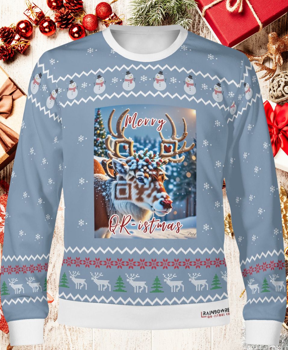 Original Christmas Gift: the Christmas Sweaters of the Year, by Rainbow Rebels: christmas sweaters feature an artistic QR that links to fun games, playlists and more. Starring Gingerbread man, Rudolph, Tropical Santa & the christmas cat.