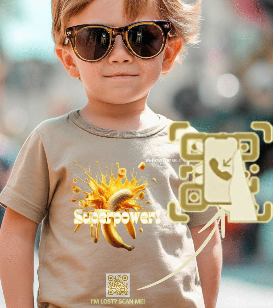 Cute kid wearing a QR Kids tshirt with a QR code that links to the telephone number of his parents. A Simple scan, a safe return. Scan, Call, Reunite … Your Child's Safety, Simplified