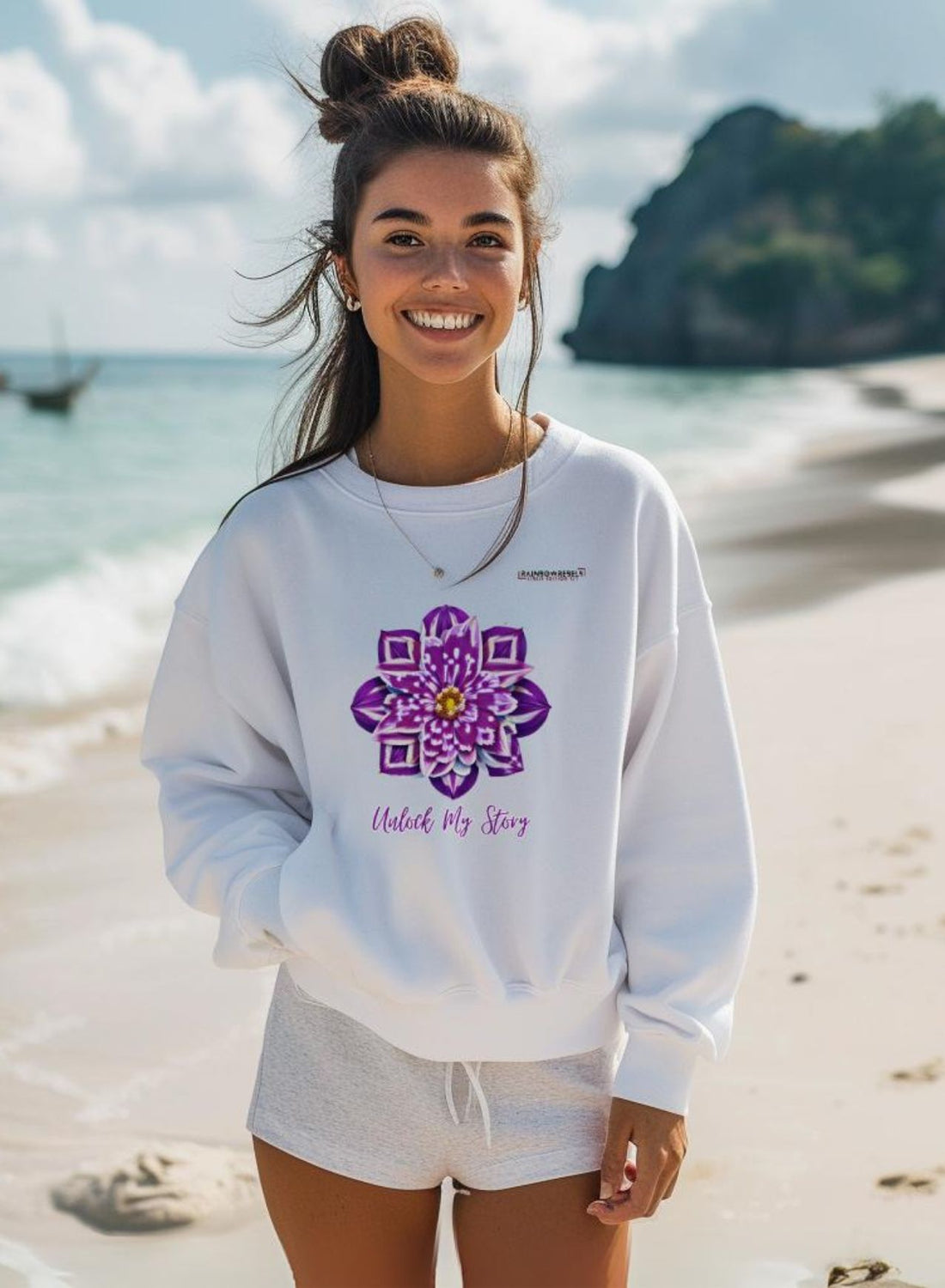 A girl wearing a cool sweater from the rainbow rebels flower power collection, featuring an artistic QR code. Be scanned, Make friends!
