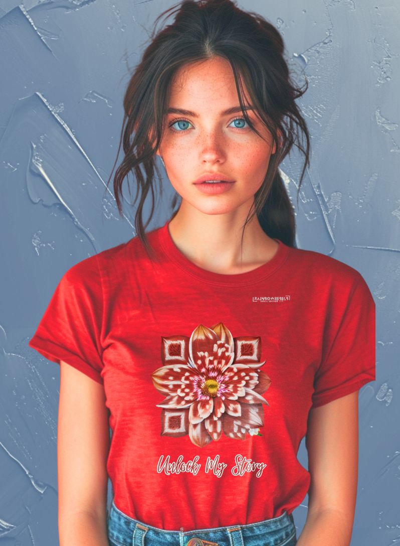 Girl wearing a Rainbow Rebels QR shirt from the Flower Power collection