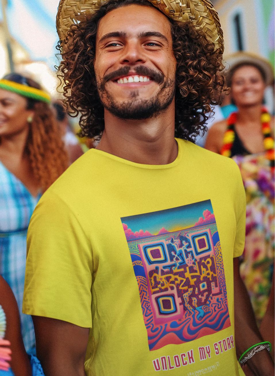 Wear Your Story: Be scanned, Make friends. A party festival man wearing a Rainbow Rebels cool Streetwear tshirt with an artistic QR code from the Keith Haring collection. A great original gift if you look for a unique outfit