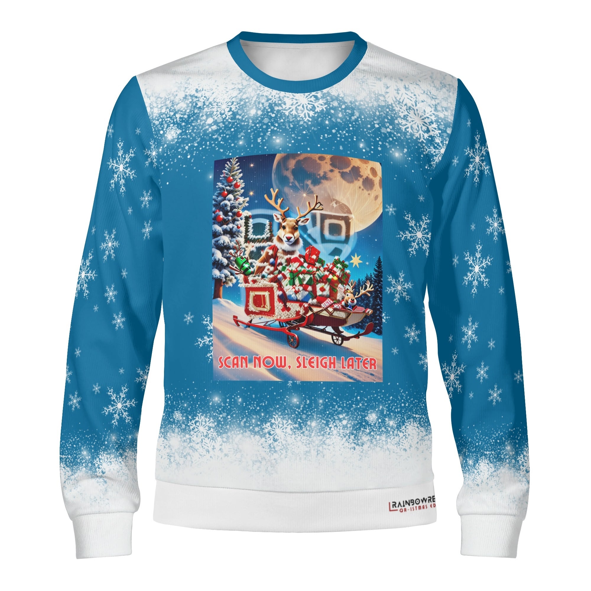 The most original sweater: a QR code of Rudolph the reindeer on a sleigh full of presents and the fun part: every scan leads to a new suprise