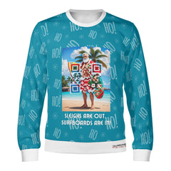 Santa’s Tropical Escape, links to an Augmented Reality view from Santa singing & dancing - (Unisex) Ugly Christmas Sweater with a Twist