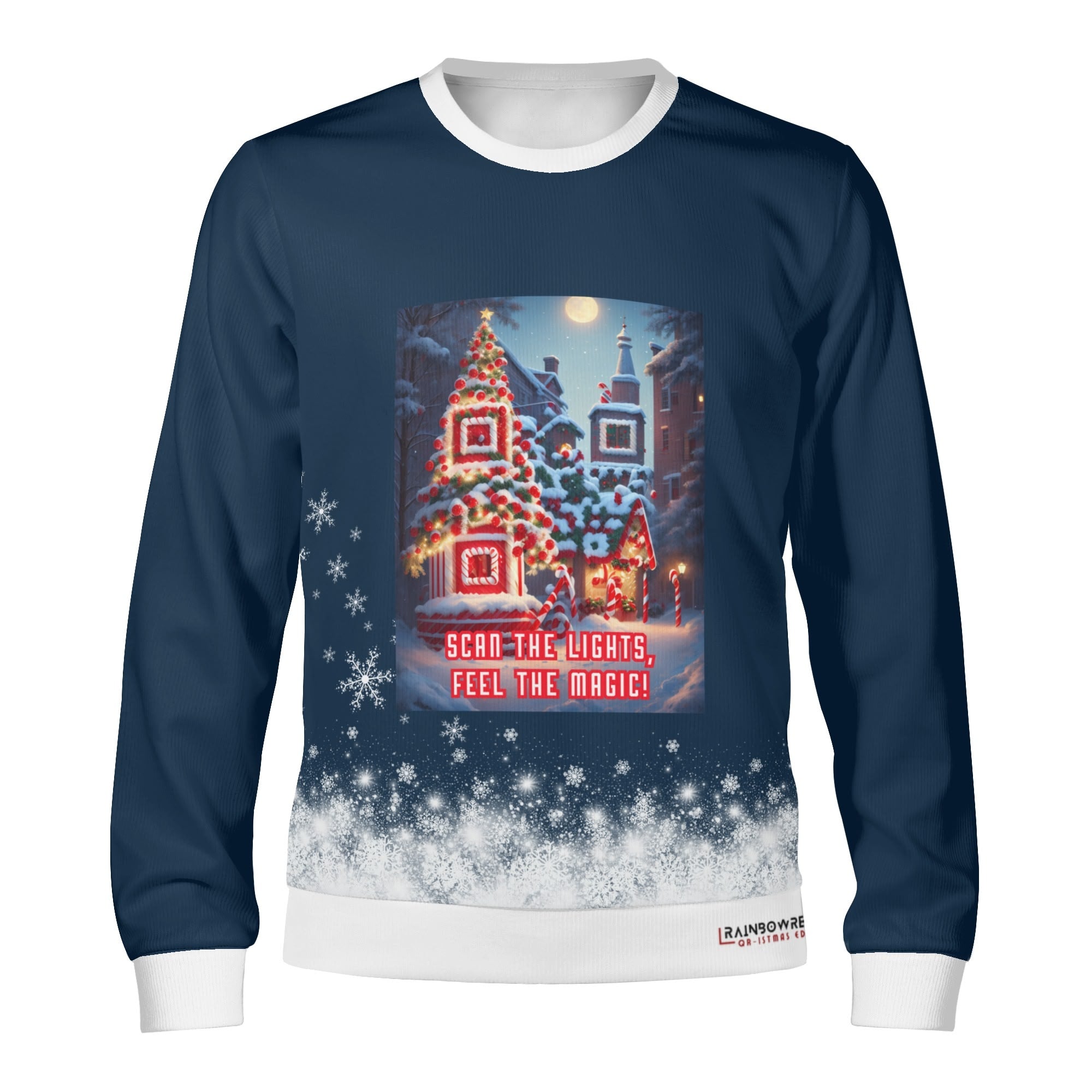A navy blue sweater with a Christmas-themed graphic QR design, including snowflakes, lights, and a Christmas tree, with the text 'Feel the Magic'.