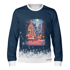 A navy blue sweater with a Christmas-themed graphic QR design, including snowflakes, lights, and a Christmas tree, with the text 'Feel the Magic'.
