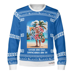 Santa’s Tropical Escape, links to an Augmented Reality view from Santa singing & dancing - (Unisex) Ugly Christmas Sweater with a Twist