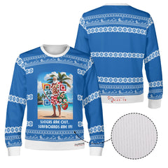 Santa’s Tropical Escape, links to an Augmented Reality view from Santa singing & dancing - (Unisex) Ugly Christmas Sweater with a Twist
