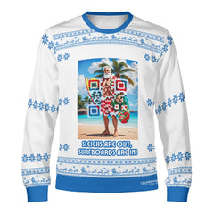 Santa’s Tropical Escape, links to an Augmented Reality view from Santa singing & dancing - (Unisex) Ugly Christmas Sweater with a Twist