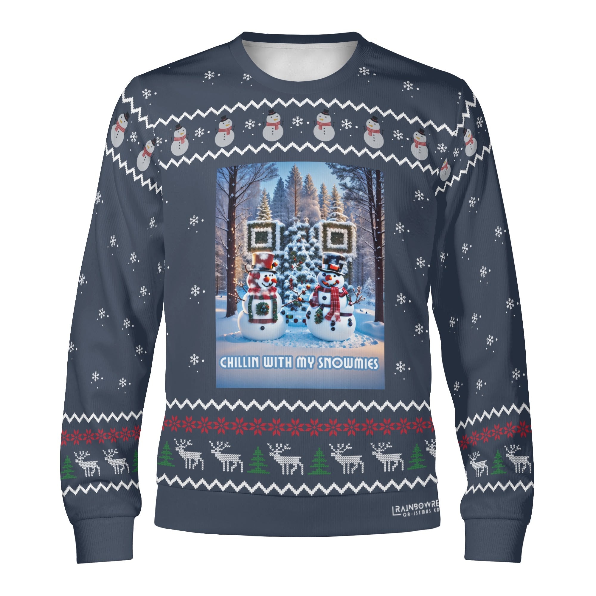 A gray unisex sweater with a Christmas theme, featuring a QR code design, snowflakes, reindeer, and pine trees.