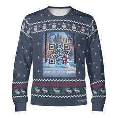 A gray unisex sweater with a Christmas theme, featuring a QR code design, snowflakes, reindeer, and pine trees.