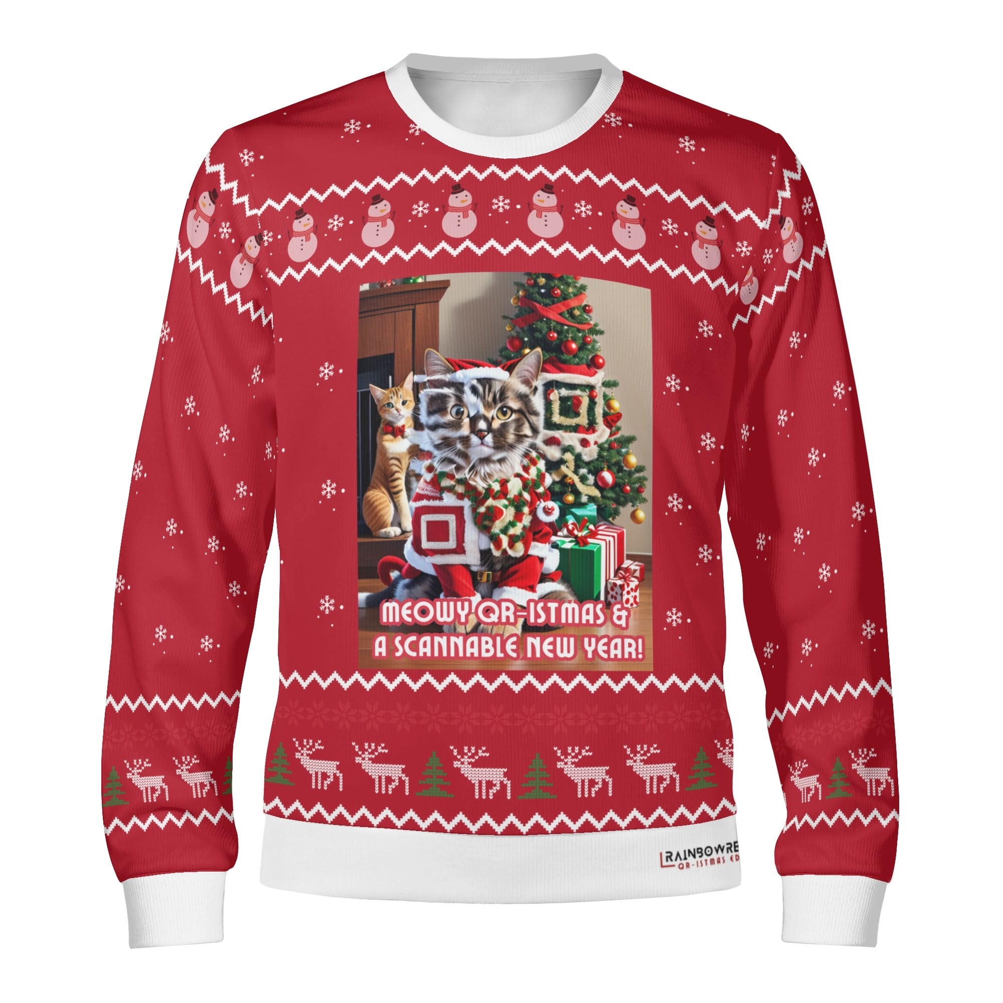 A red, white, and green Christmas themed sweater with a QR code design, text, and a cat in the image.