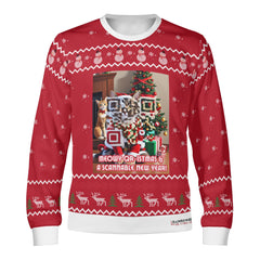 A red, white, and green Christmas themed sweater with a QR code design, text, and a cat in the image.