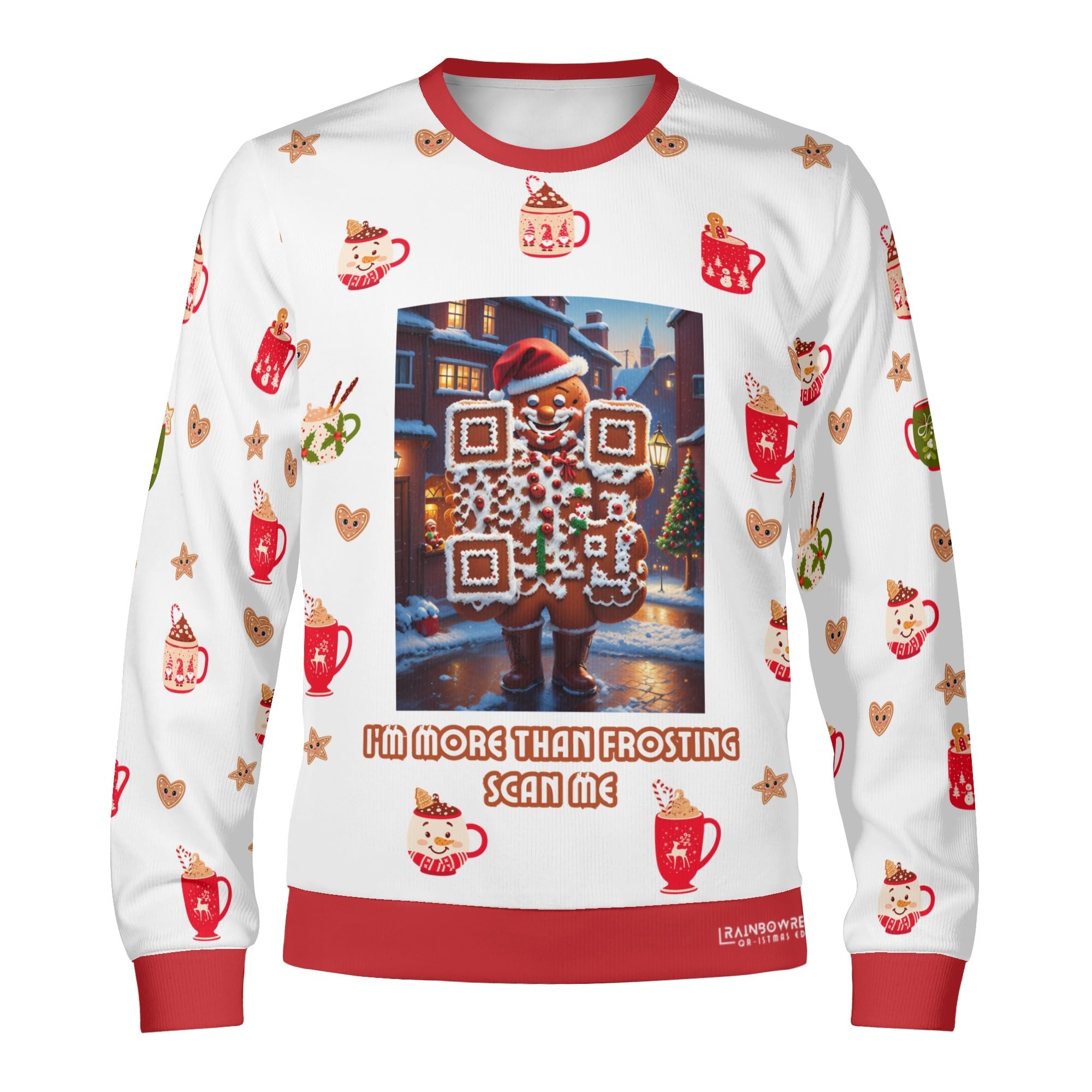 A white unisex sweater with a QR code design featuring a gingerbread man, Christmas presents, and festive patterns.