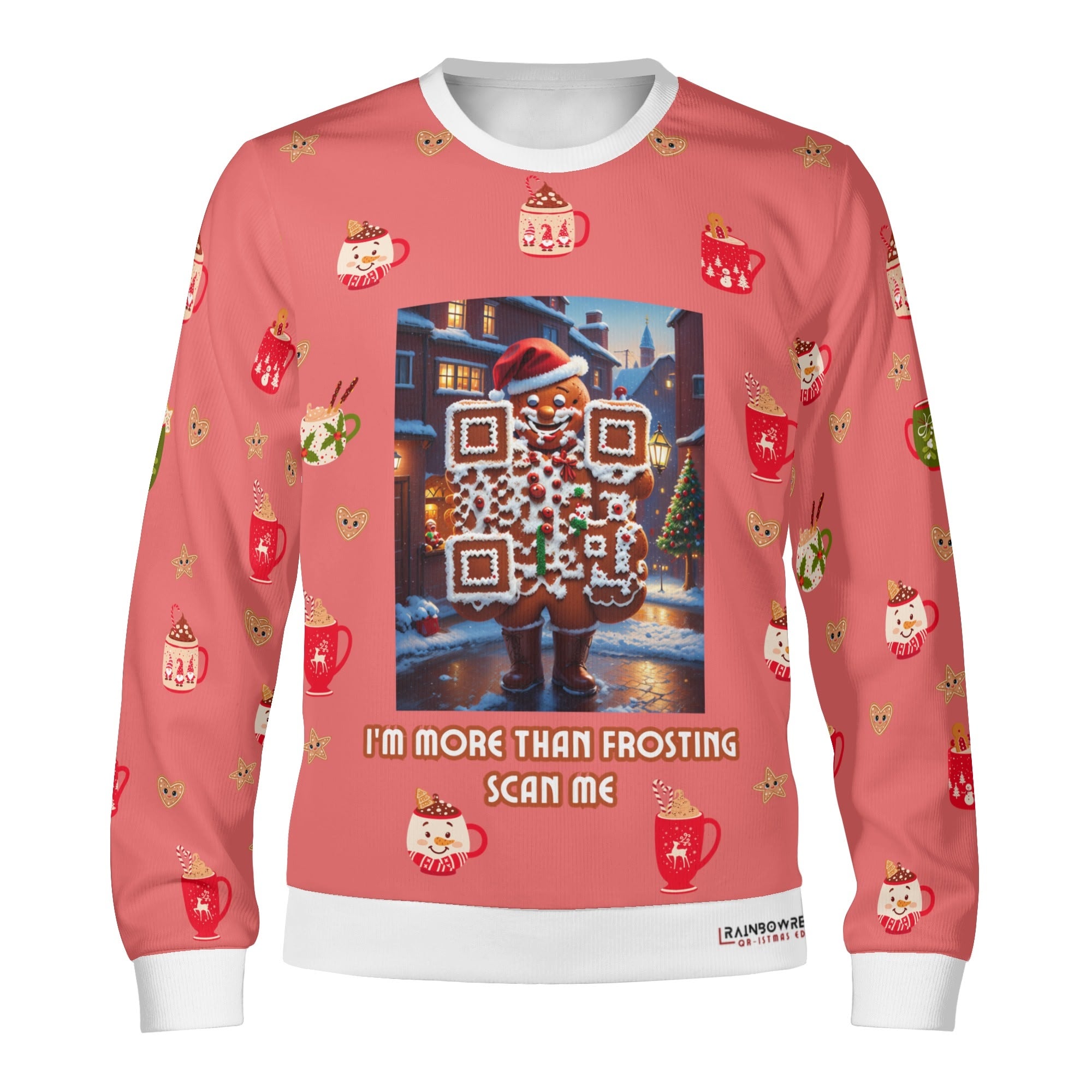 A Christmas sweater with an artistic QR design of the gingerbread man, and each scan leads to a new surprise