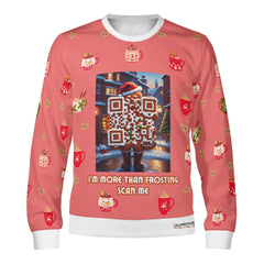 A Christmas sweater with an artistic QR design of the gingerbread man, and each scan leads to a new surprise