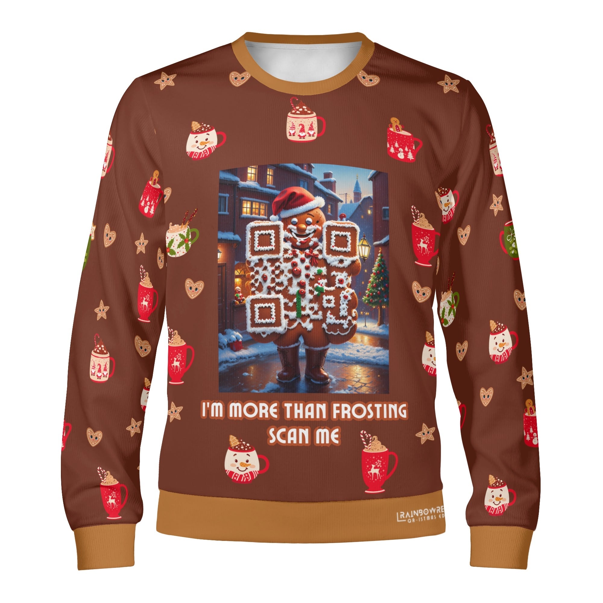 A brown sweater with a Christmas-themed design featuring a QR design of a gingerbread man, snowflakes, and festive patterns.