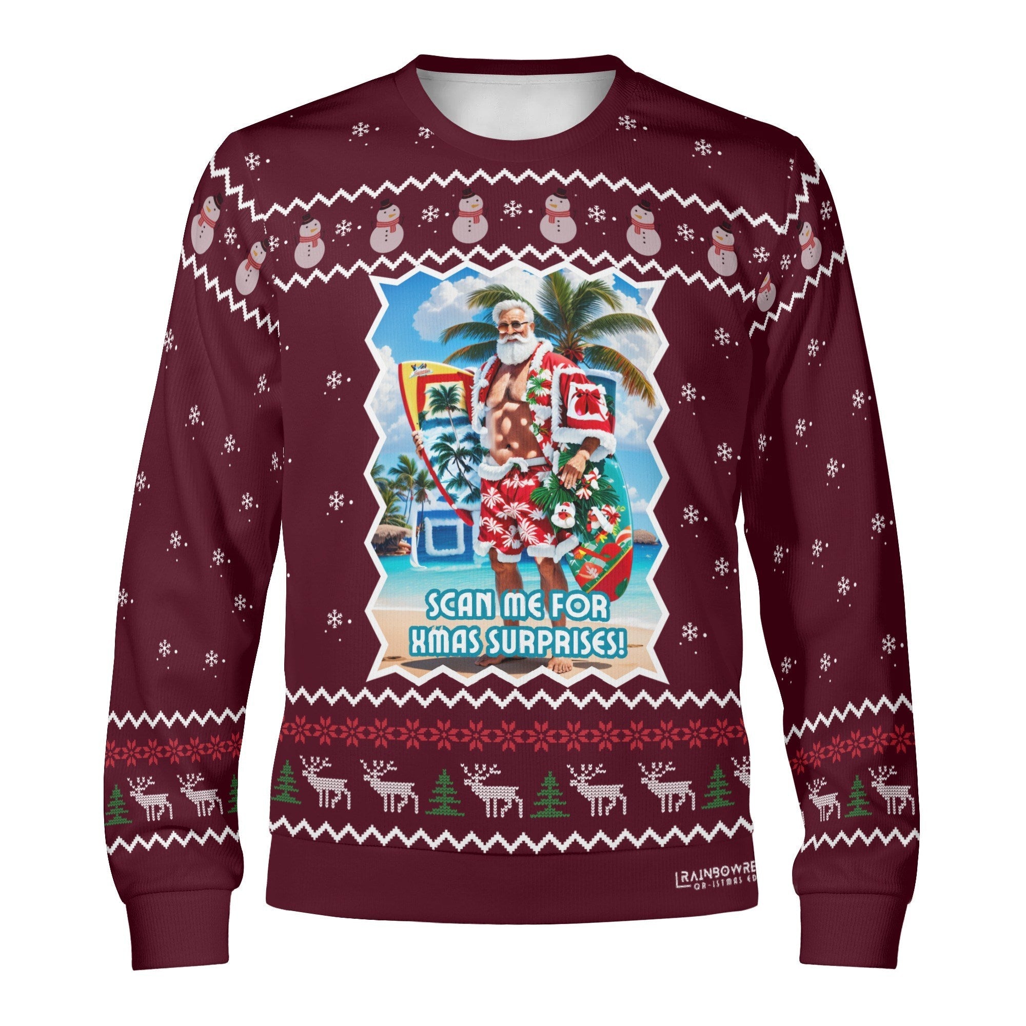 Maroon sweater with Christmas-themed QR design featuring Santa Claus and text 'Scan me for Masssurprises!'
