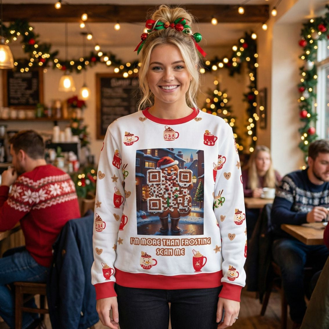 “A smiling woman in a festive café wearing a Christmas sweater featuring a gingerbread character with an integrated scannable QR design