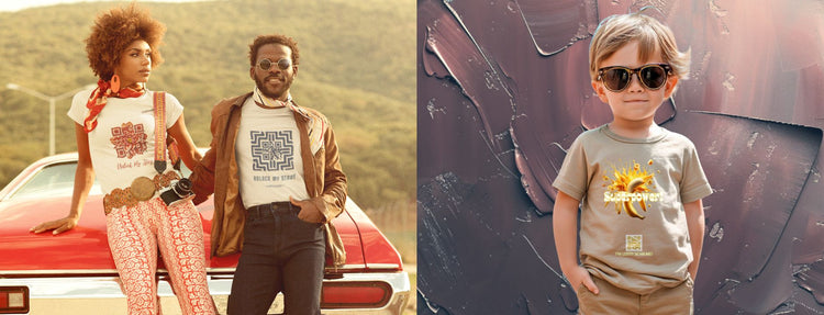 A couple wearing streetwear from Rainbow Rebels with an artistic QR code: Unlock Your Story. Be scanned, make friends. And a kid with a QR Kids tshirt linked to the phone number of the parents