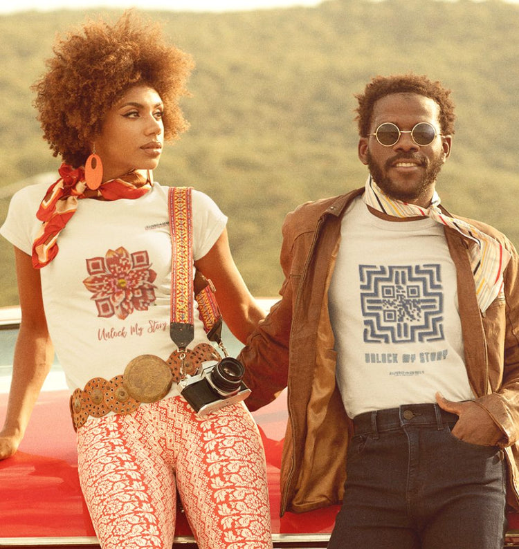 A couple wearing streetwear from Rainbow Rebels with an artistic QR code: Unlock Your Story. Be scanned, make friends