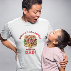 Surprised dad in a white t-shirt with a burger QR code and “Grill. Eat. Nap. Repeat. Scan Me, Awesome Dad” design. his daughter smiles at him